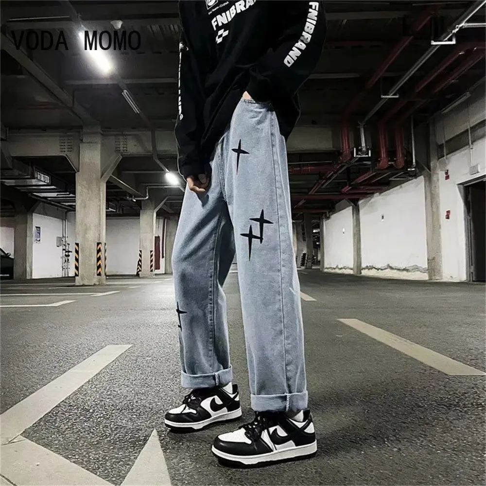 Pantaloni A Gamba Larga Patchwork Jeans Da Uomo High Street Cross Star Patch Ricamo Jeans Dritti Larghi Autunno Uomo Pantaloni Lunghi