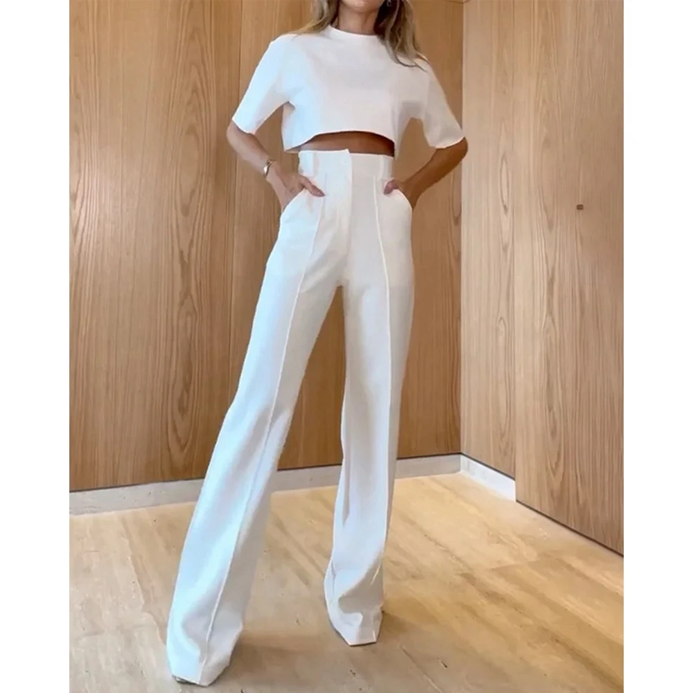 2023 Casual Women O-Neck Half Sleeve Crop Top & High Waist Wide Leg Pants Suit Set 2 Piece Sets Women Outfits Set Summer Outwear