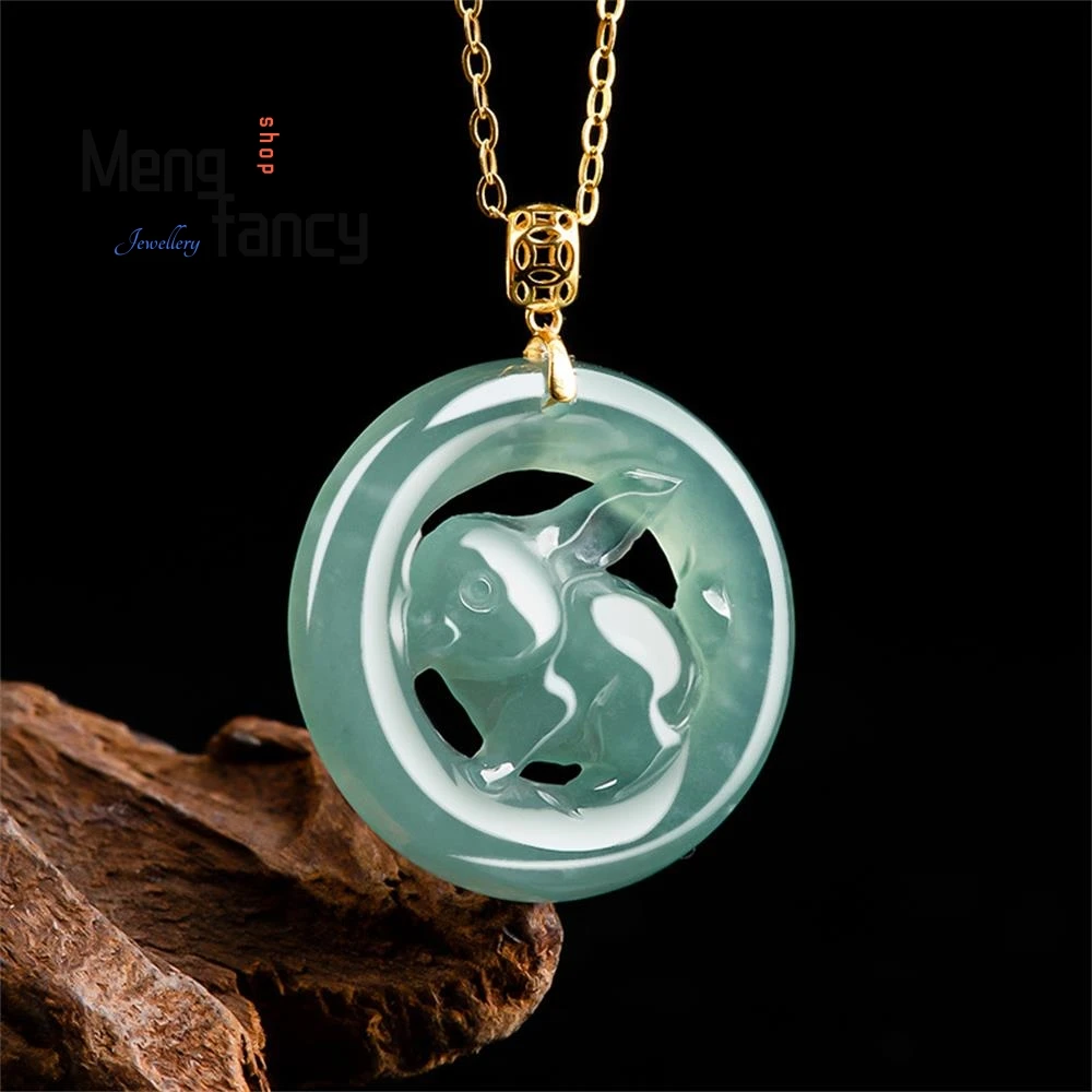 Natural A-goods Jadeite Blue Water Zodiac Rabbit Pendant 18K Gold Inlaid Ice Jade Cute Female Models Exquisite Fashion Jewelry