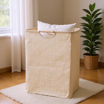 Foldable Cotton Linen Laundry Basket with Wooden Handles 1