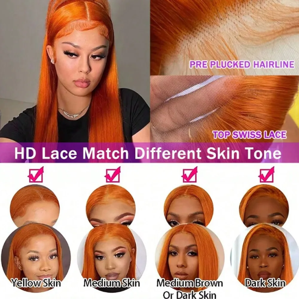 16-34 Inch 350 Ginger Orange Lace Frontal Wigs Human Hair for Women Pre Plucked with Baby Hair 250% Density HD Lace Frontal Wig