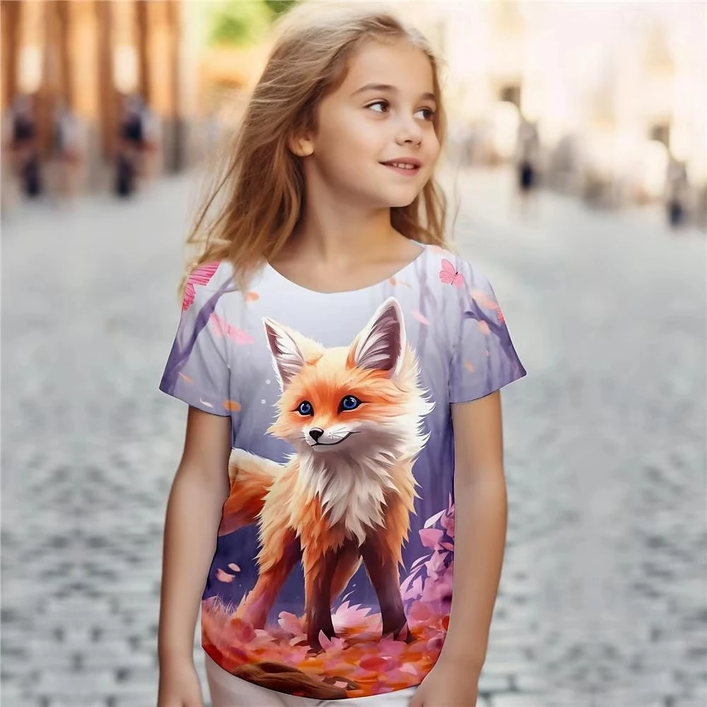 Weibliche Kind Kleidung Drucken Tier Fuchs Cartoon Rundhals Kurzen Ärmeln Grafik T Shirts Sommer Mode Outdoor T-Shirt für Mädchen
