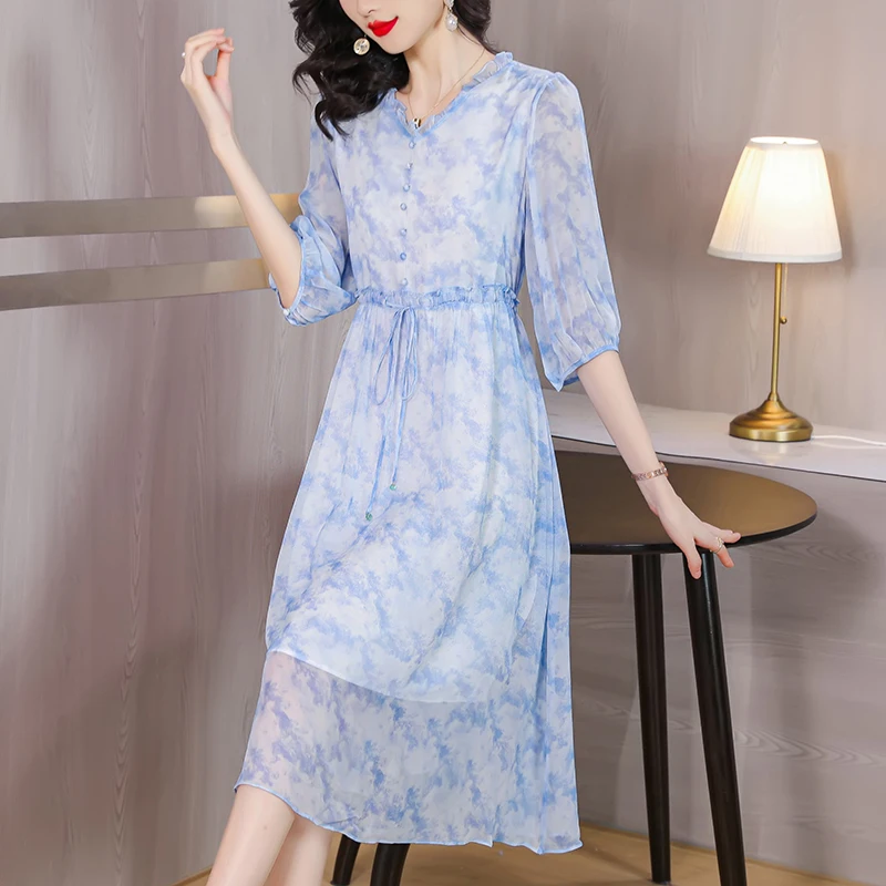 

2023 New Fashion Silk Printed Dress Women's Summer Elegant Versatile V-Neck Loose Fit Leisure Tourism Dress Vestidos