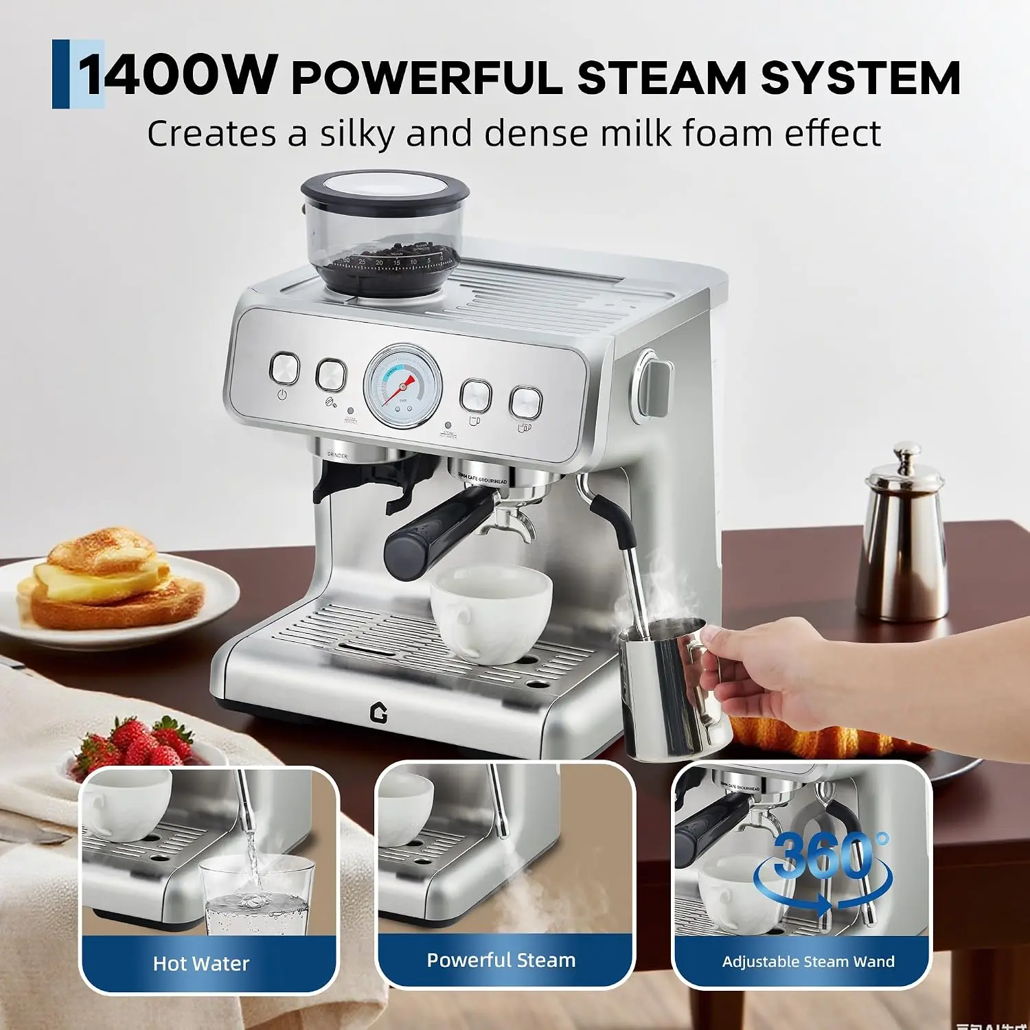Machine à café polyvalente avec moulin à café conique – Pression de 20 bars, 30 degrés de mouture – Réservoir d'eau de 2,8L – Tube vapeur, manomètre – Nettoyage facile – Acier inoxydable, argent 1