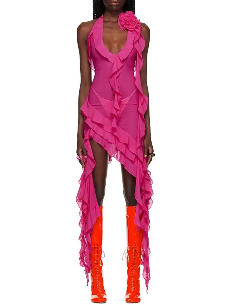 

Ailigou 2023 New Summer Women's 3D Flower Asymmetric Ruffle Dress Sexy V-neck Sleeveless Backless Elegant Celebrity Party Dress