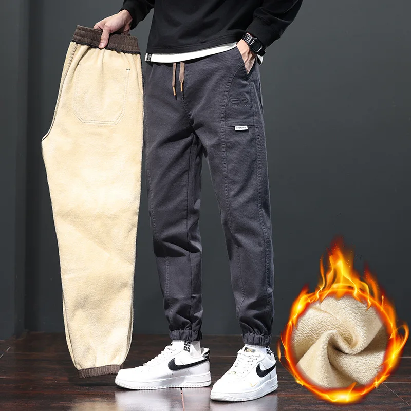 EH·MD® Elastic Waist Lace-up Jeans Men's Tie Feet High Elasticity Large Size Embroidered Text Art Loose Harem Pants Thick 2021