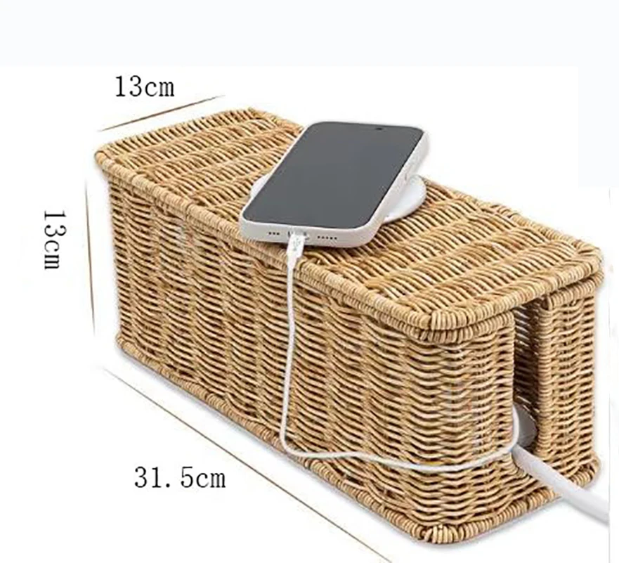 Scandinavian Rustic  Desktop Plug Socket Organizer Box Imitation Rattan Bedroom Data Cable Power Cord Organizing Storage Basket 6