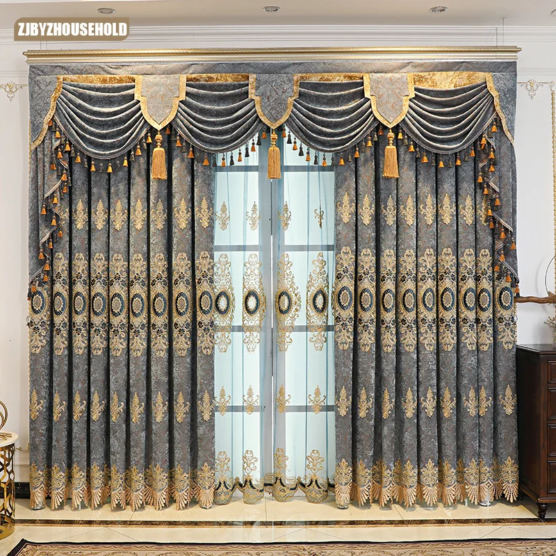 

European Curtains for Living Dining Room Bedroom Chenille Embroidered Blackout Floor Window Blackout Finished Gauze Curtains