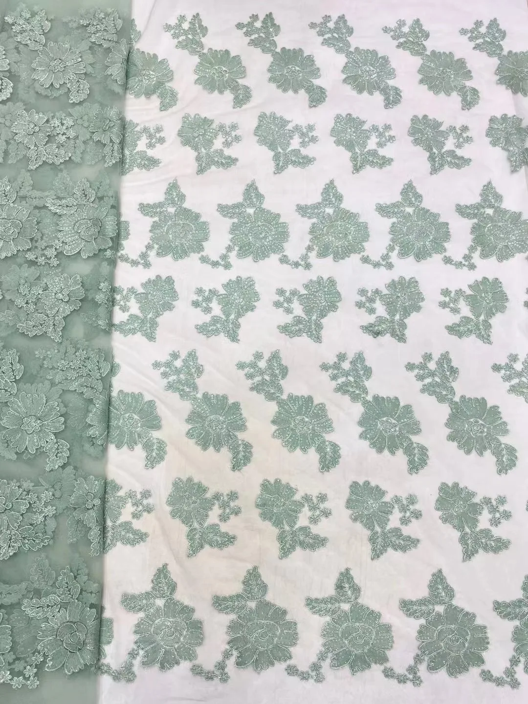 

New Style Pure White African Lace Flocking Fabric High Quality French Lace Milk Silk Lace Tulle Fabric For Wedding Prom Dress