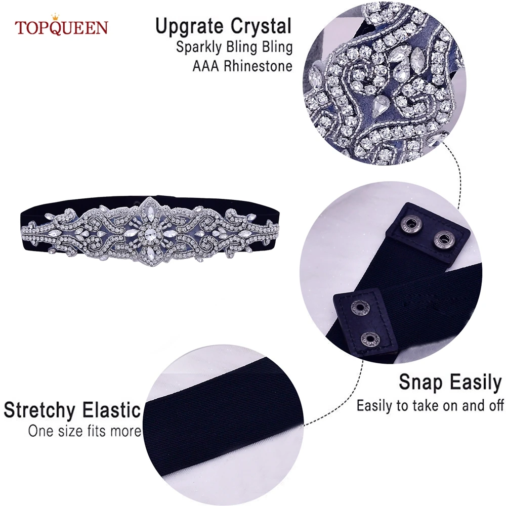 TOPQUEEN S26-B Wedding Dress Elastic Belts Silver Rhinestone Bridesmaids Sash Women Accessories Wide Party Prom Gown Applique Bridal Waistband,Bridal Dress Decoration