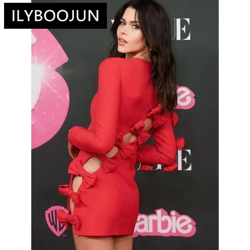 

ILYBOOJUN Celebrity Women Sexy Long Sleeve Bow Tie Red Mini Cut Out Bodycon Bandage Dress 2023 Elegant Evening Club Party Dress