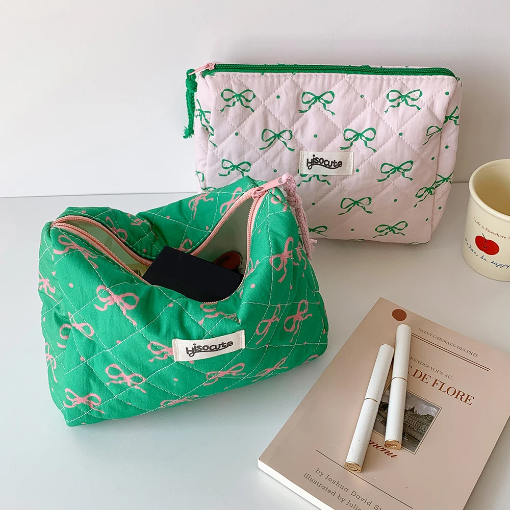 Ins Style Korean Quilted Cotton Fabric Cosmetic Bag Pink and Green Fresh Cosmetic Organizer Bag for Home Organizer Toiletry Bag 4