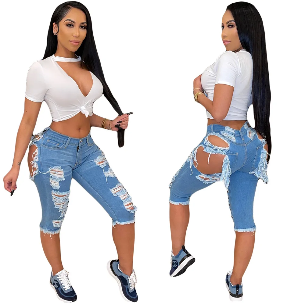 

2022 New Women's Sexy High Waist Ripped Hole Denim Jeans Female Cotton Knee Length Jeans Streetwear