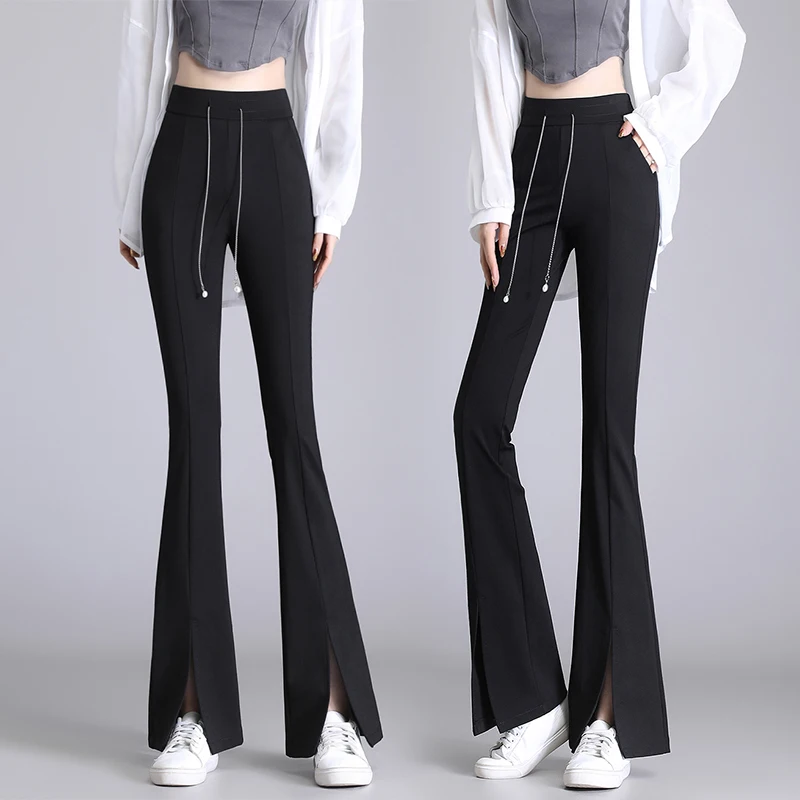 

Large size fork micro horn pants y2k ladies high waist black nine-minute Trousers Streetwear American Retro Stretch Flare Pants