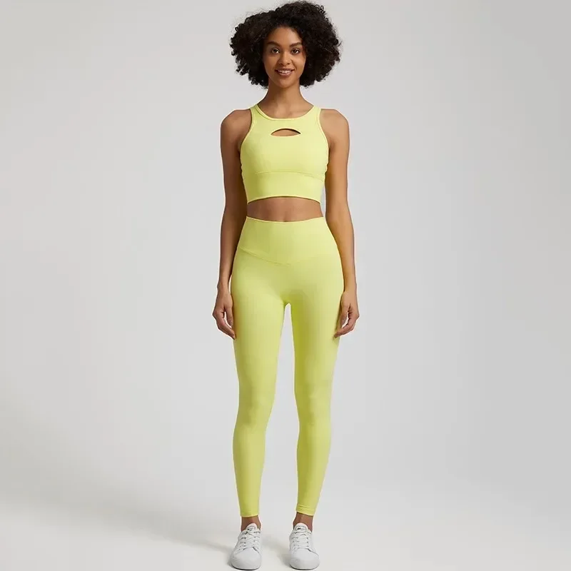Lemon Women Soft Gym Fitness Yoga Set Legging Short Sleeve Cutout Back Top 2pc Suit Comprehensive Training Jog Women Round Neck