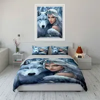 Ensemble de housse de couette imprimée princesse et loup, 3 pièces, literie de style King Queen, chambre d'hôtes, cadeau (1 housse de couette et 2 taies d'oreiller) 6