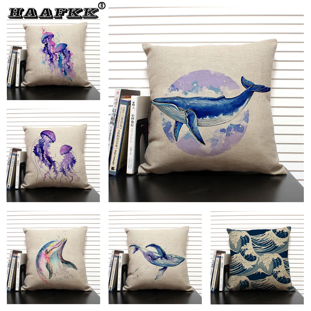 

Sea Animal Pattern Cushion Cover Household Art Deco Linen Pillow Case 45x45cm Square Sofa Decor Pillowcase