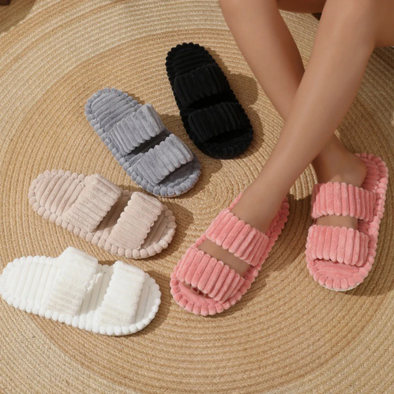 Autumn Winter Corduroy Women's Home Slippers Lightweight Indoor Floor Fuzzy Slippers Women Open Toe Non Slip Plush Slides Female