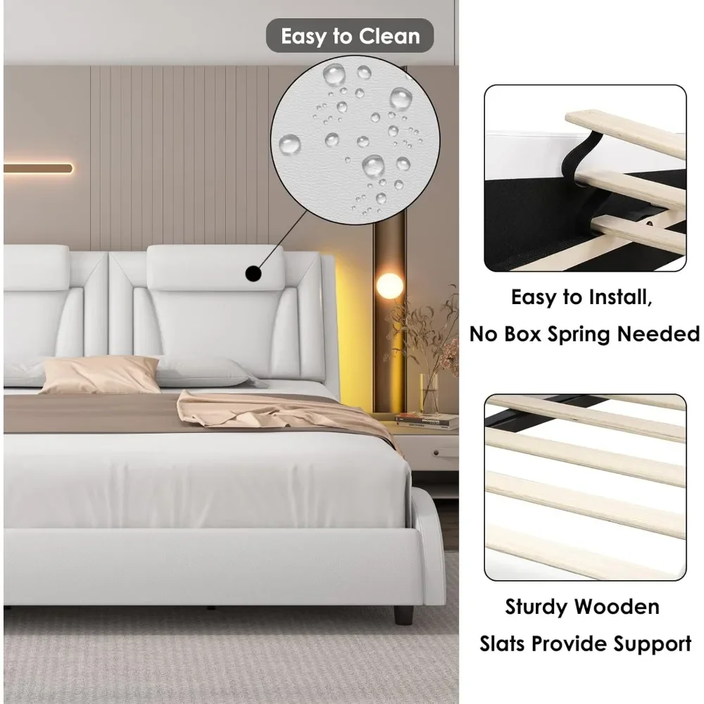 Bed Frame with Adjustable LED Headboard, Wave-Like Curve Design, Solid Wooden Slats Support Modern Upholstered King Bed Frame 5