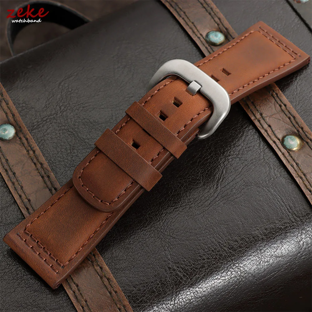 Vintage Crazy Horse Leather Watch Strap - Premium Top Grain Cowhide with Black Silver Clasp, 28mm