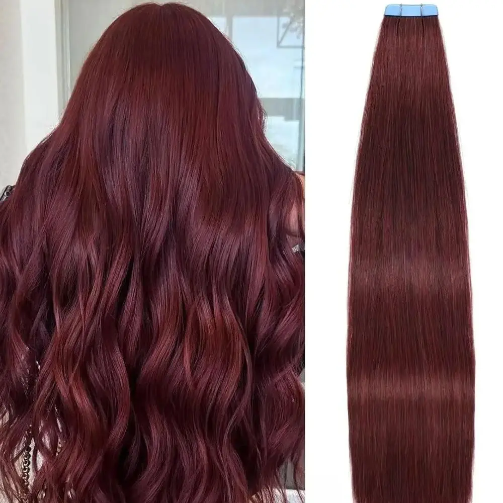 Alimice 99J# Burgundy 20pcs Tape Straight Hair Extensions Human Hair Extensions Invisible Tape In 50g