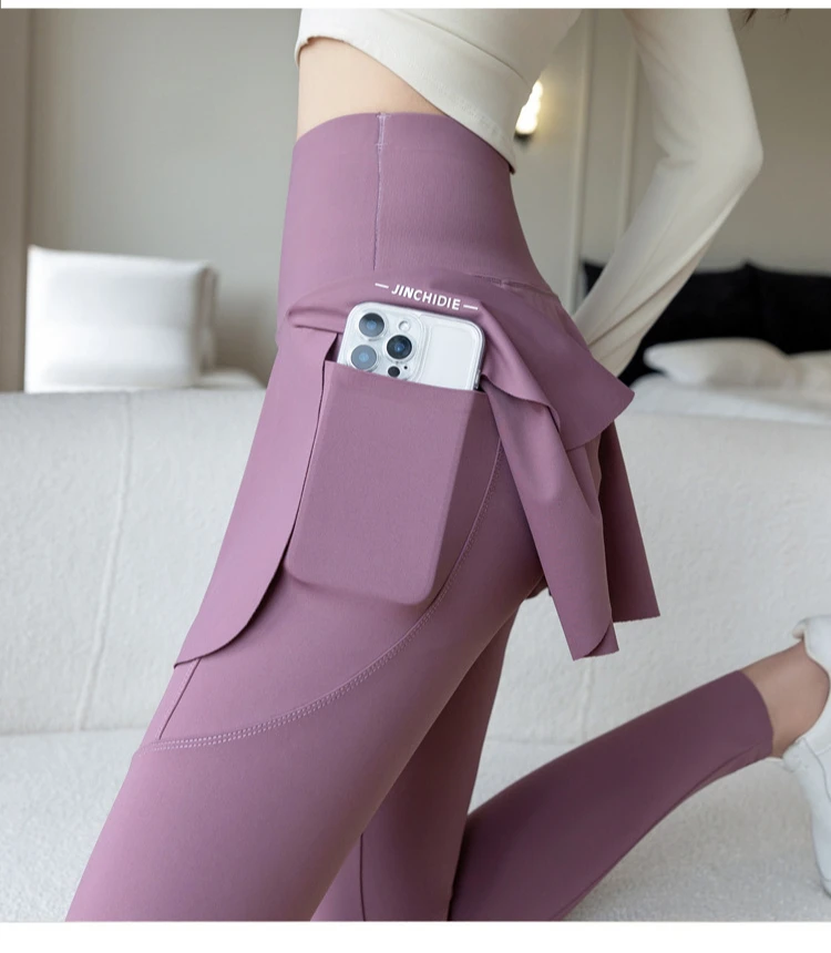 Damen High-Waist Nahtlose Zweiteilige Yoga-Hose mit Tasche, Elastische Leggings mit Po-Lifting-Effekt, Schlankheits-Fitness-Leggings – Detail 7