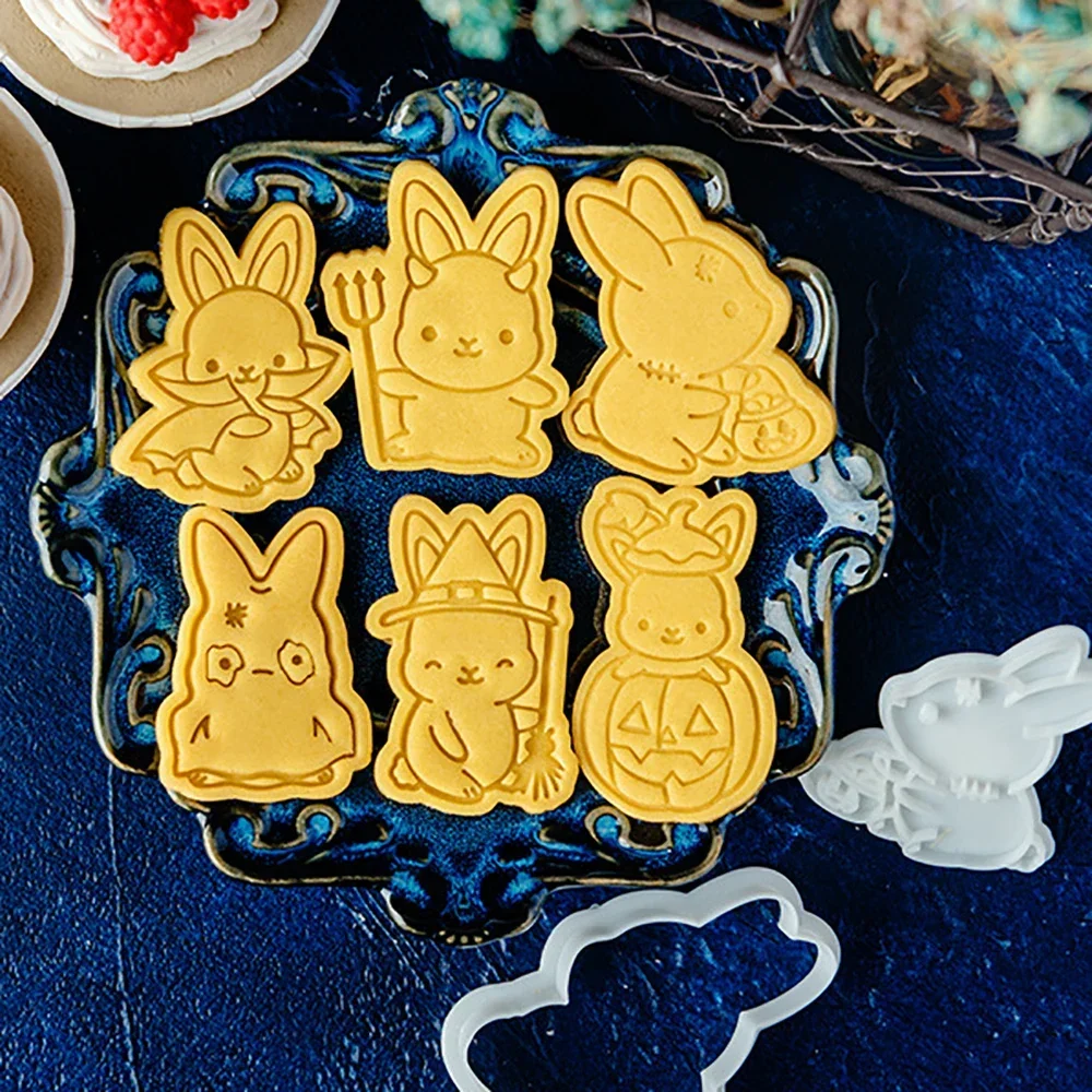 

Cute Halloween Rabbit Cookie Cutters Plastic Cartoon Pressable Biscuit Mold Cookie Stamp Kitchen Baking Pastry Bakeware Tool