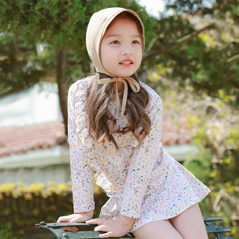 Children's Swimsuit for Girls 2025 New Style Split Long Sleeved Short Skirt Sunscreen Hat Quick Drying Four Piece Set Swimsuit - 3