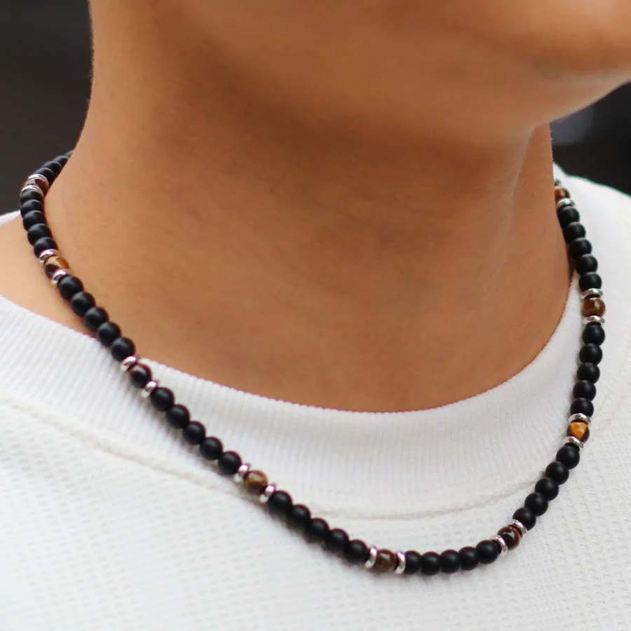 Men Natural Stone Necklace Stainless Steel Buckle Onyx Tiger Eyes Lava Beads