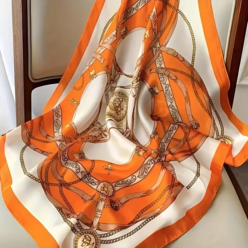 27.5" Chain Printed Square Scarf Elegant Thin Breathable Decorative Neck Scarf Orange Windproof Headscarf For Women 2