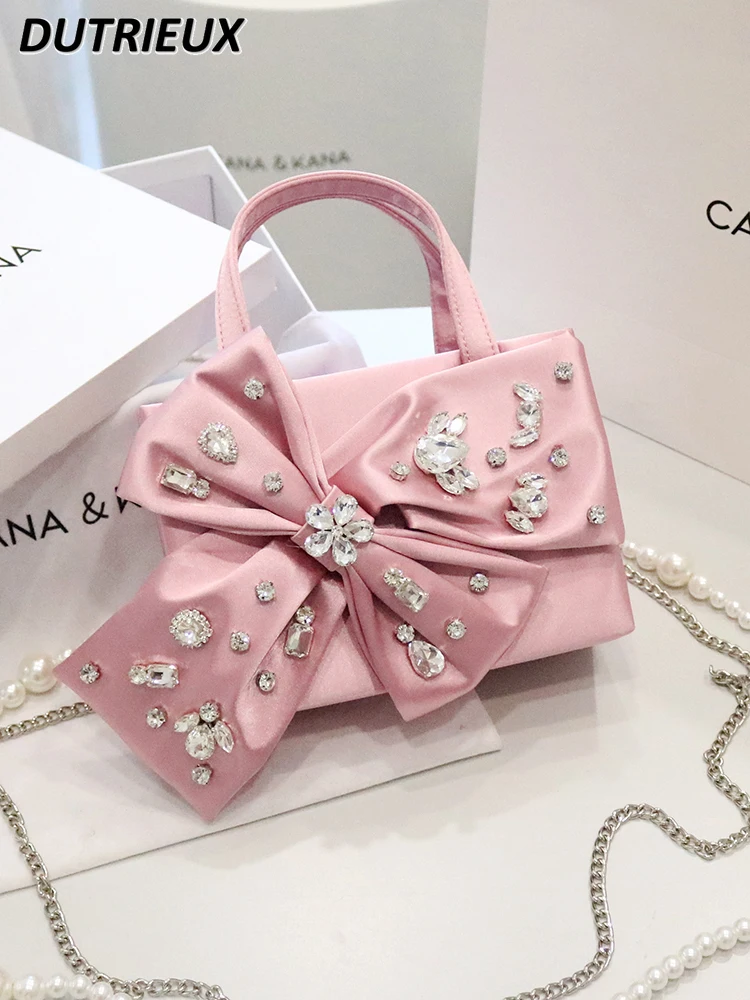 Fashion Ladies Bag Sweet Cute Bow Diamond Satin Handbags for Women Shoulder Crossbody Bags Summer Autumn Elegant Handbag