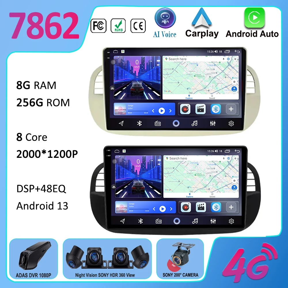 Autoradio Android 13 Wireless Carplay Per Fiat 500 2007-2015 Navigazione Video Gps Stereo Sistemi Intelligenti Lettore Multimediale
