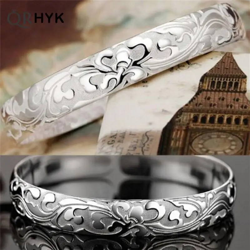 Silver Plated Bezel Open Bangle Bracelet Jewelry Women Female Models Blossoming