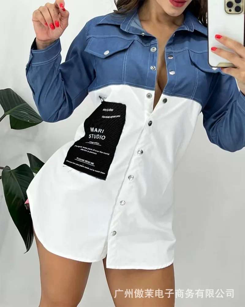 

Turn Down Collar Women Full Sleeve Casual Loose Shirt Tops Button Single Breasted Splice Denim Shirts Regular Autumn 2023