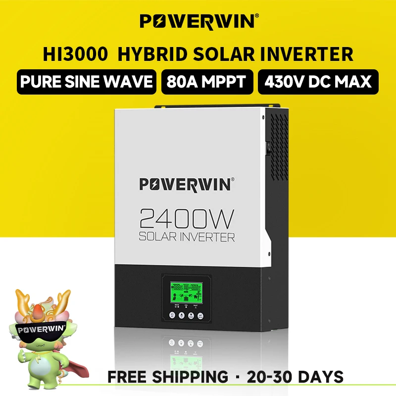 

POWERWIN HI3000 Hybrid Solar Inverter 2400W 24V Pure Sine Wave 3000W 80A MPPT Charge Controller Bidirectional Off-grid LCD 12V B