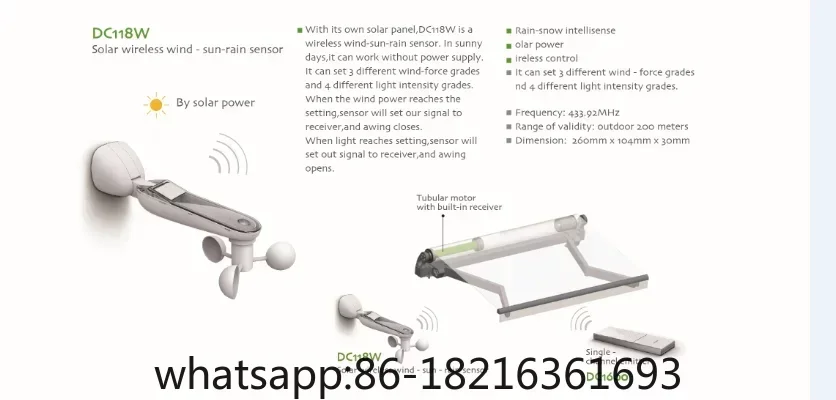 1PC MOQ DC118W 433MHz Solar Wireless Wind Sun Rain Sensor for awning and shutter