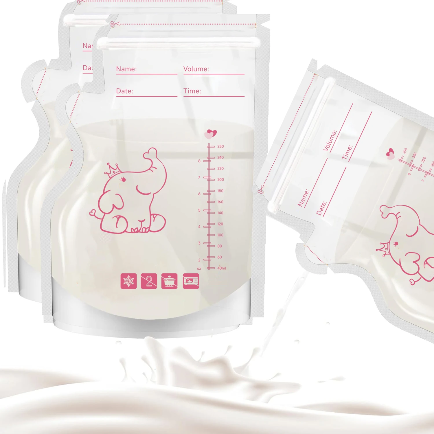 250ml 50pcs breastmilk storage bag elephant printing self standing no leak milk freezer bags BPA free
