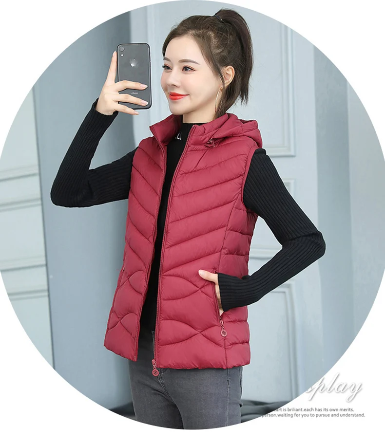 Solid Short Style Vest for Women Cotton Padded Women's Winter Sleeveless Jacket with Zipper Stand Collar Casual Coats