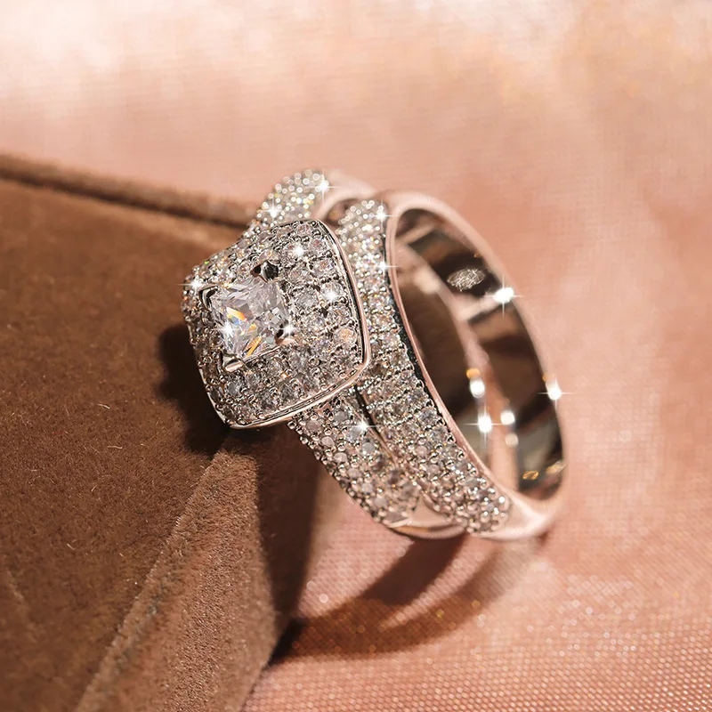 Silver Plate Wedding Engagement Cocktail Zircon Double-layer Finger Ring For Women 925 Silver Ring Set