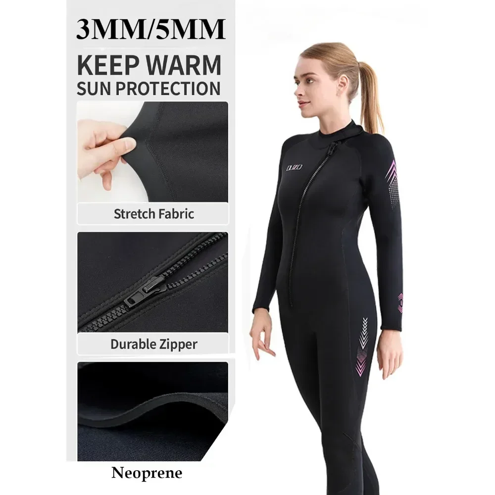Women's Neoprene Wetsuit 3mm/5mm Full Body One Piece Front Zip for Surfing Scuba Diving Winter Swimwear Cold Water Swim Suit