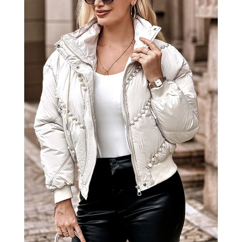 

Stand Collar Beaded Quilted Puffer Coat Parka Y2K Chic Autumn Winter Women Elegant Warm Thick Long Sleeve Jacket Outwear