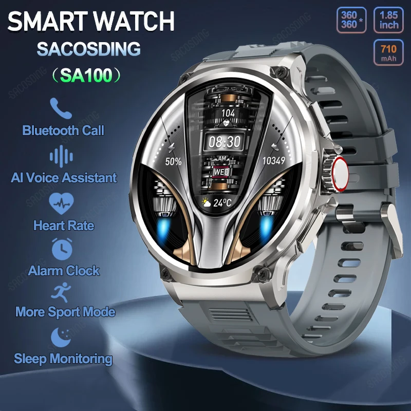 SACOSDING 남성용 GPS 트랙 스포츠 스마트 워치, 1.85 인치 울트라 아몰레드 스크린, 710 Mah 블루투스 통화 스마트워치 피트니스 트래커, SA100