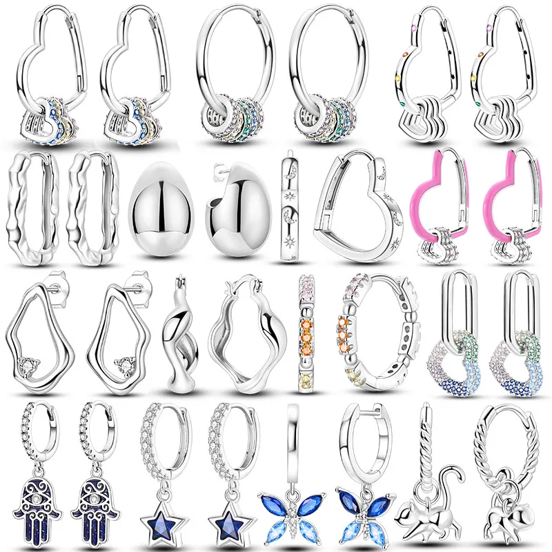 925 Silver Plated Hoop Earring Heart Round Shape Pendientes Geometric Jewelry silver hoop earrings silver earrings heart hoop earrings heart earrings hoop earrings womens earrings