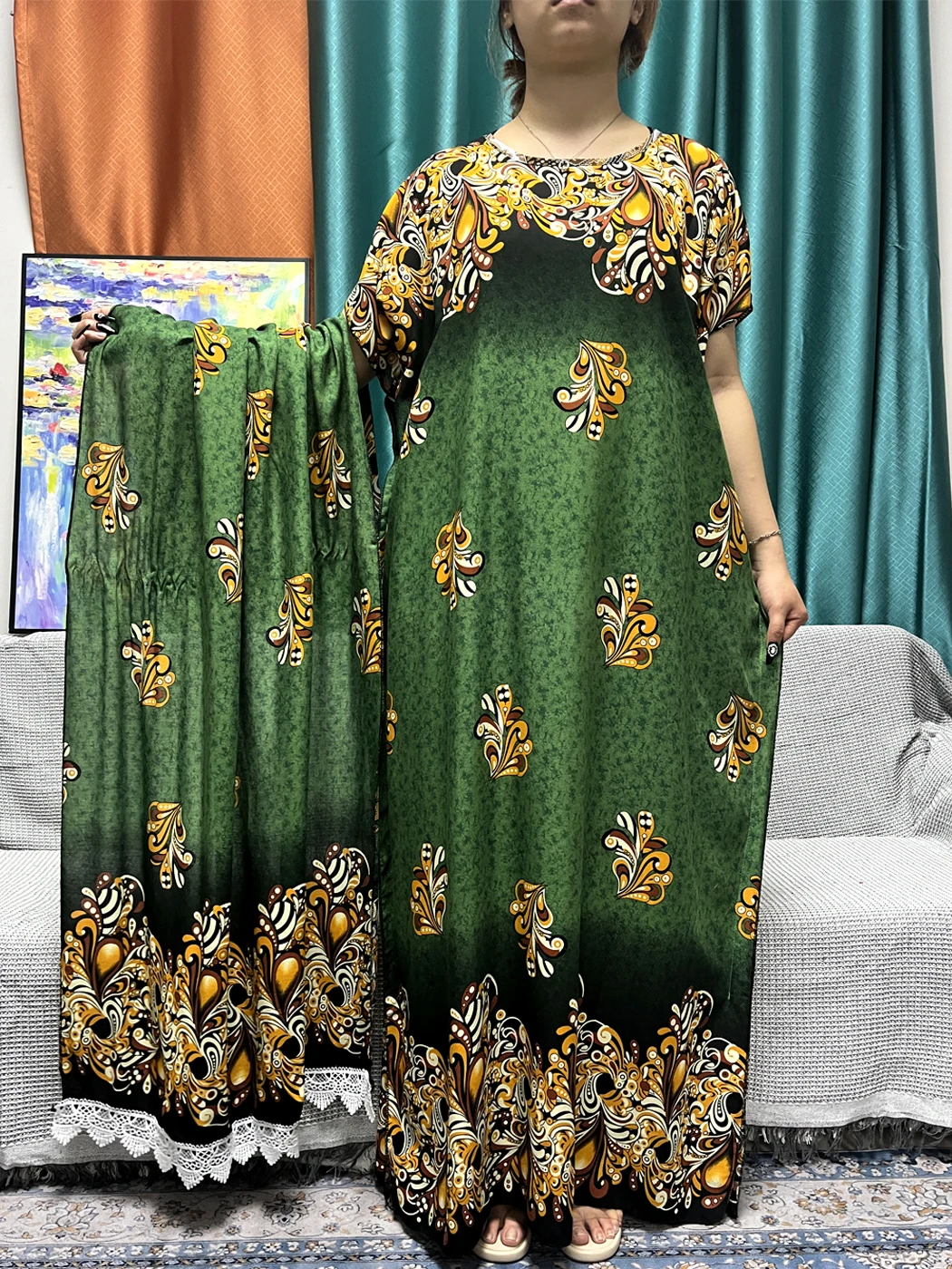 

Женское Хлопковое платье с цветочным принтом Abayas, белое свободное платье с кружевным шарфом 2024x80 см в мусульманском стиле, лето 160