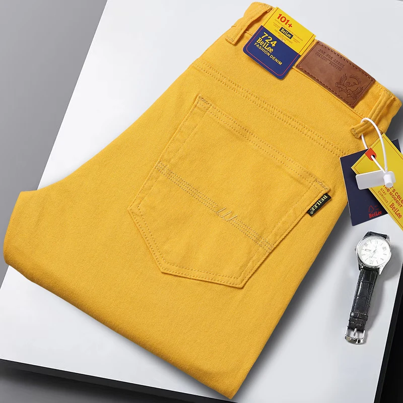 New Autumn Men's Yellow Pink Red Slim Jeans Classic Straight Elasticity Denim Pants Male Brand Stretch Skinny Colorful Trousers 3