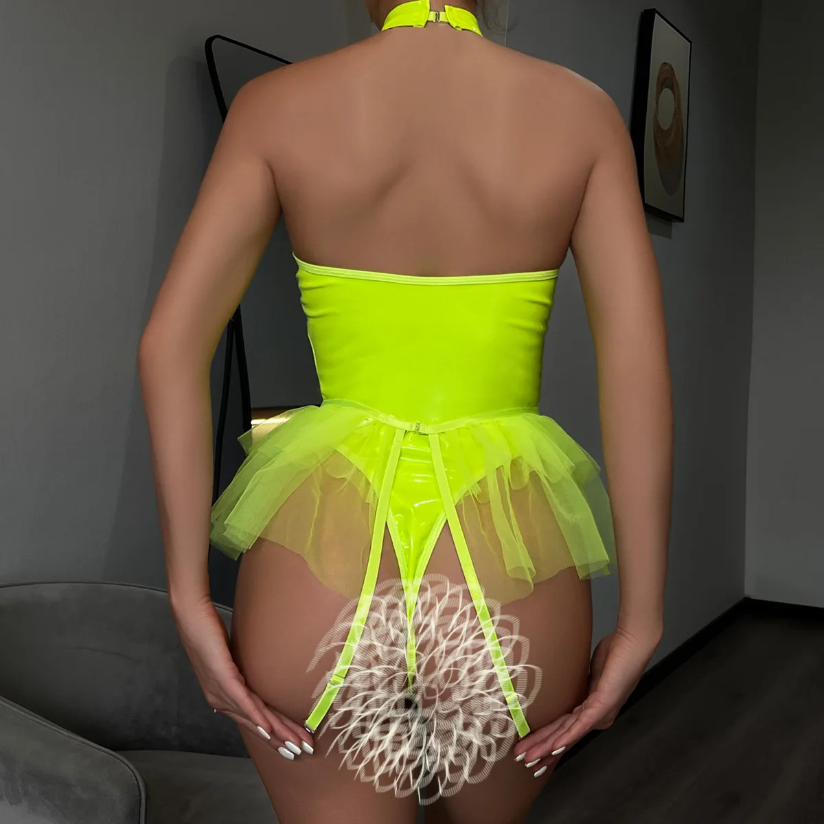Full costume outfit view with mesh bodysuit, tulle skirt, and private statement design Mesh Skirt Bodysuit