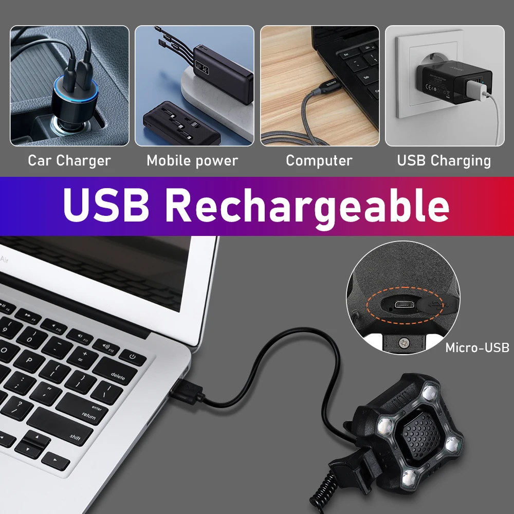 Bicycle Horn Headlights IPX6 Waterproof 4 LEDs Bicycle Cycling Lamp Electric Horn USB Charging Security Alarm Bell