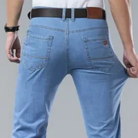 New Thin Denim Jeans Men's Blue Straight Stretch Cotton Pants High Quality Business Casual Lightweight Pants Summer Autumn 1