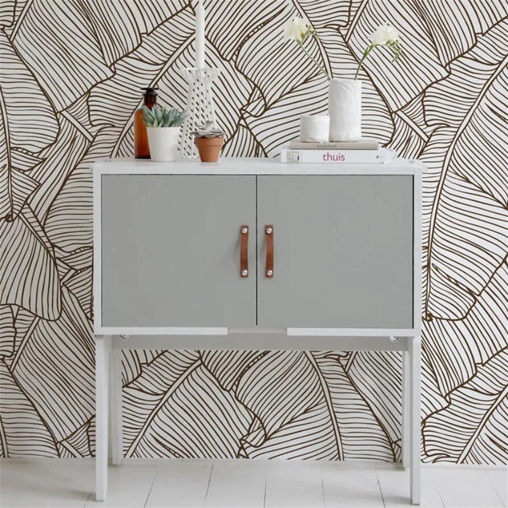 Papel de Parede Tropical Personalizado para Sala Papel de Parede Removível Esboço de Folhas de Banana Adesivos Modernos Decoração