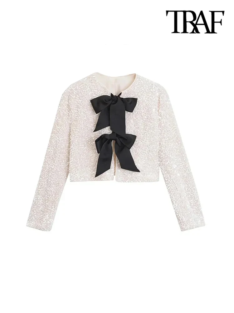 TRAF-Women's Long Sleeve Sequined Cropped Jacket, O Neck Coat, Female Outerwear, Chic Tops, Bow Tied 2